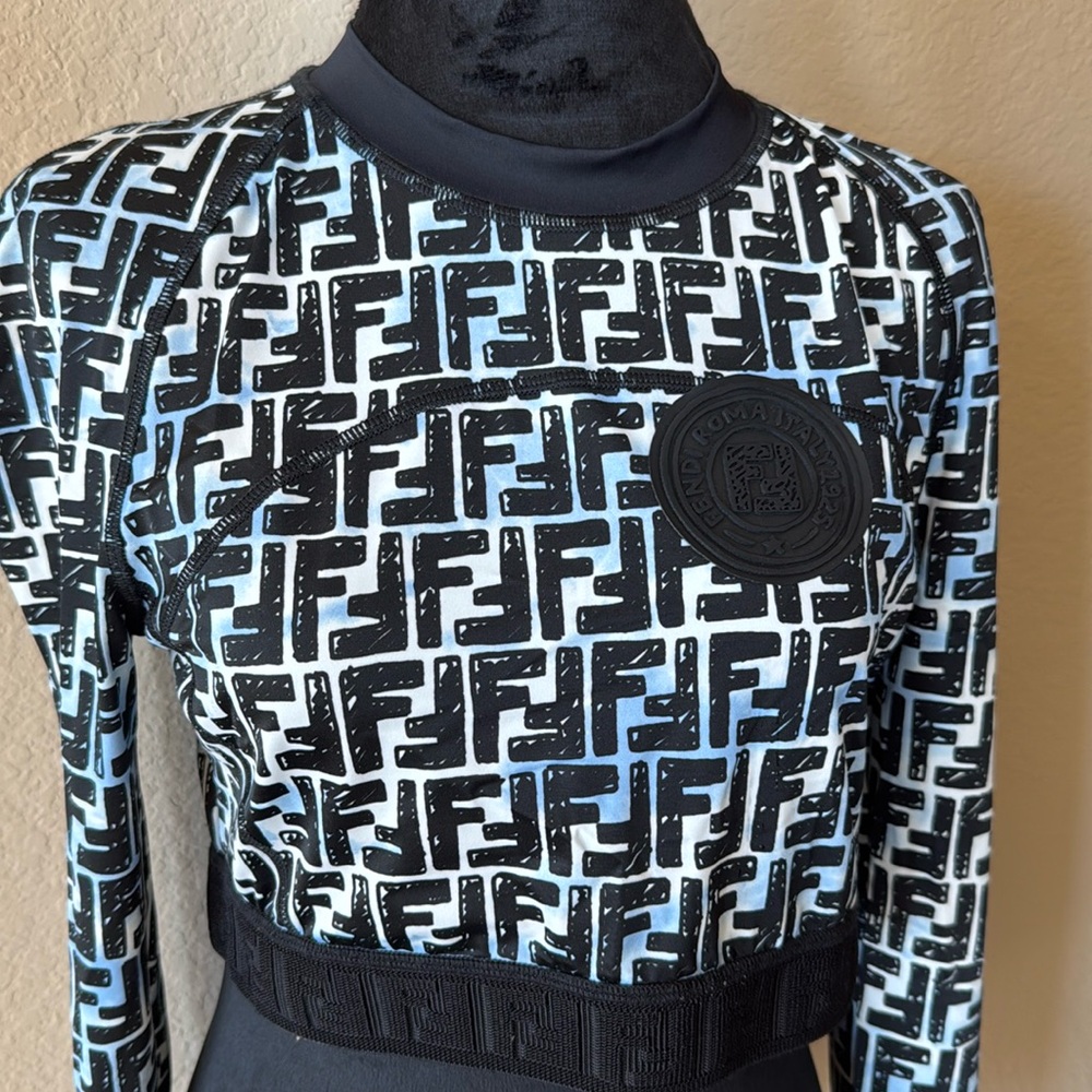 Fendi Black and Light Blue FF Logo Cropped Long-Sleeve Top